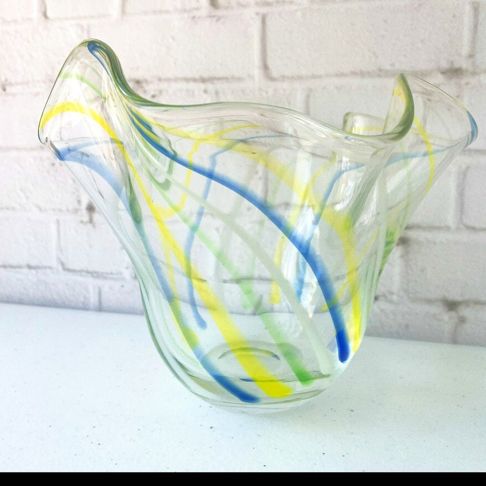 Striped Art Glass Bowl Murano Style Clear Blue Yellow Green White Hand Blown